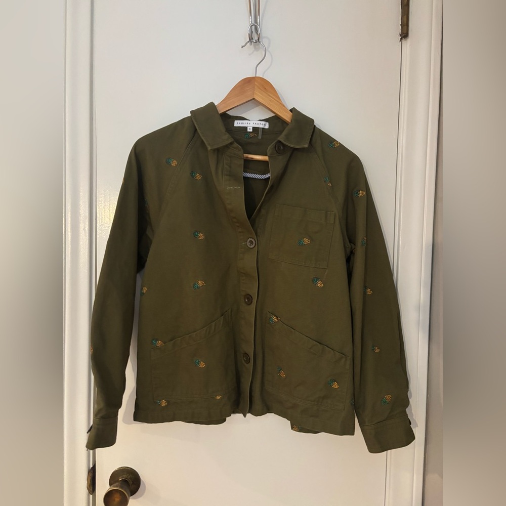 ENGLISH FACTORY Pineapple Printed Embroidered Jacket Olive Green Cotton Canvas S - Picture 6 of 13